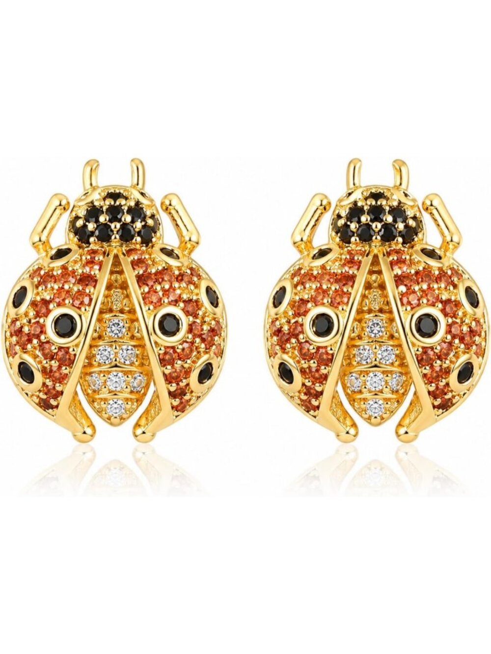 Dainty Ladybug Stud Earrings, 14K Gold Plated Red & Black Cubic Zirconia, Nature